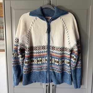 Tiara International VTG Fair Isle Full Zip Knit Cardigan Sweater,Blue Cream,L